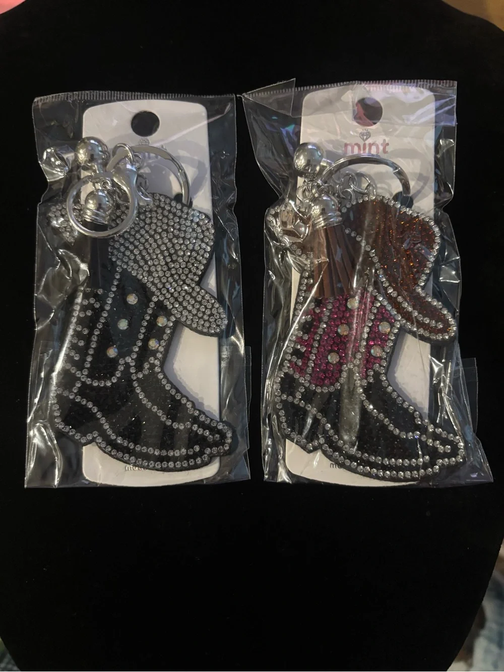 Mint Crystal Bling Cowboy Boot Keychain - Brown, Pink, Black & Silver